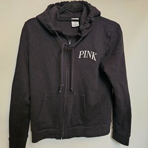 PINK Victoria's Secret Black Logo Graphic Drawstring Full Zip Hoodie